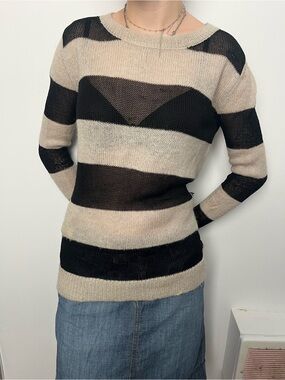 Striped Sheer Knit Sweater - Black and Cream